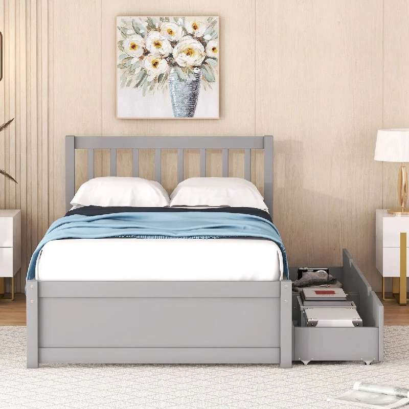 Grey Modern Twin Storage Bed with 2 Drawers&Slat Support , Wood Platform Bed with Storage and Headboard, No Box Spring Needed