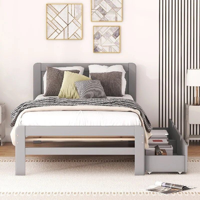 Grey Twin Size Platform Bed Frame with 2 Drawers and Headboard, Wood Storage Bed, No Box Spring Needed, for Boys Girls Adult