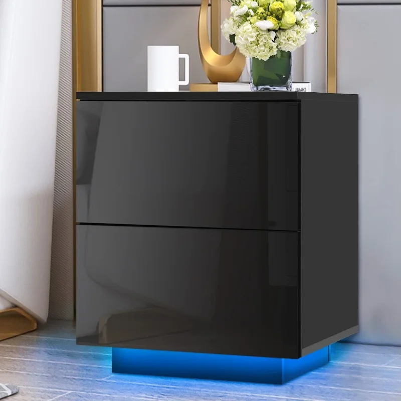 LED Nightstand Modern Night Stand with Light High Gloss Bedside Table 2 Drawer Shelf Side Table End Table Night