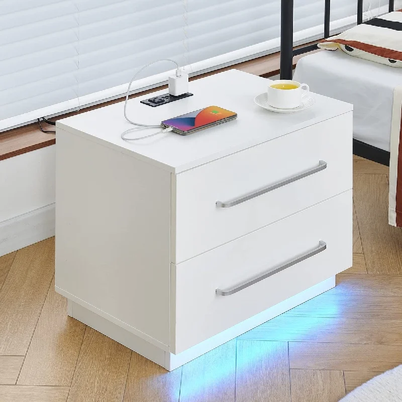 LED Nightstand with Charging Station, High Gloss Bedside Table for Bedroom, 2-Drawer End Table with Power Outlets