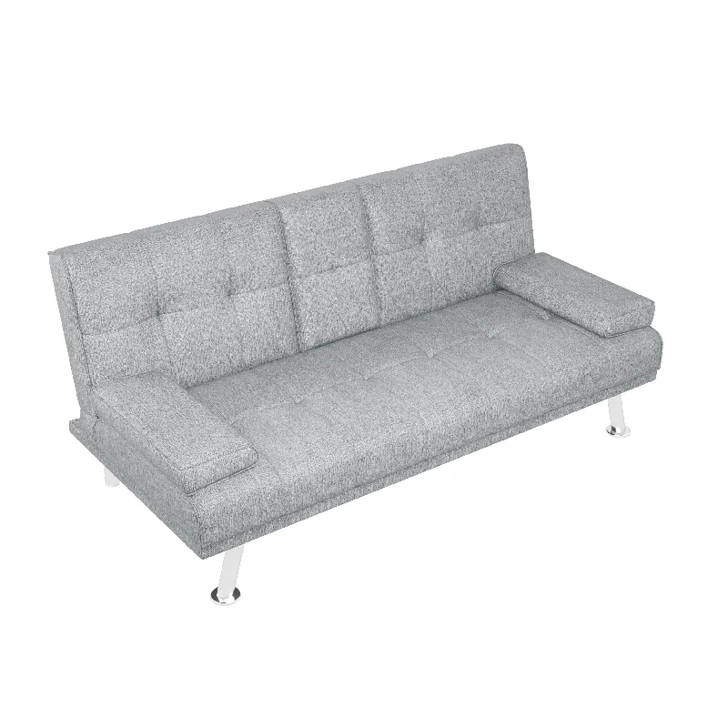 Light Grey 66" Upholstered Loveseat Sofa Bed with Cup Holders and Metal Legs