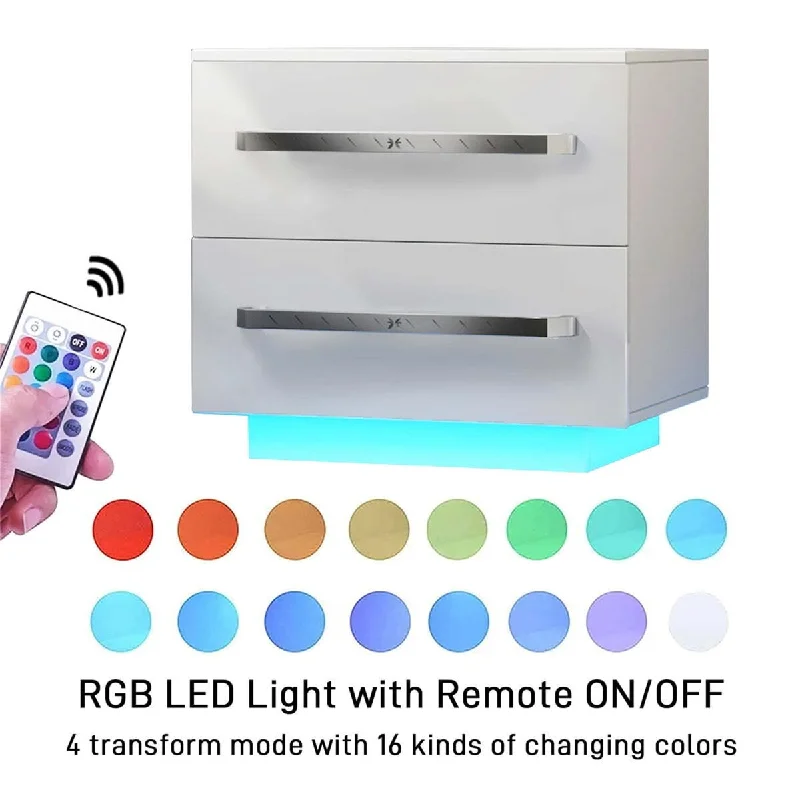 Modern 2 Drawers Nightstand RGB LED Backlight Bedroom End Table