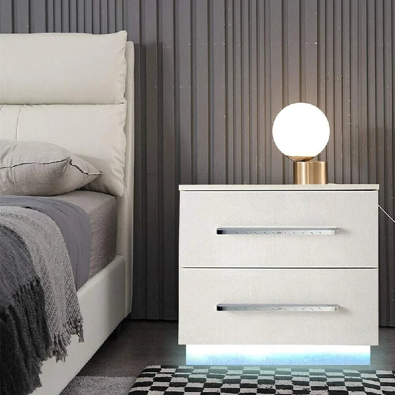 Modern Bedside Table Nightstand, LED Lights Nightstand High Gloss Nightstand with 2 Drawer Bedroom Nightstand Storage Cabinet