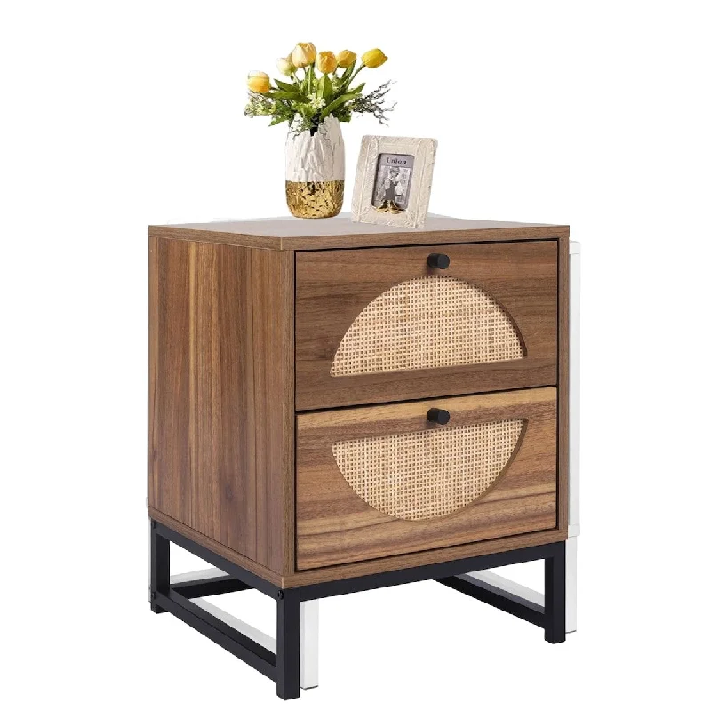 Modern Nightstand, Wooden Bedside Table with Rattan Drawers, Natural Side Table with Round Handle and Metal Base