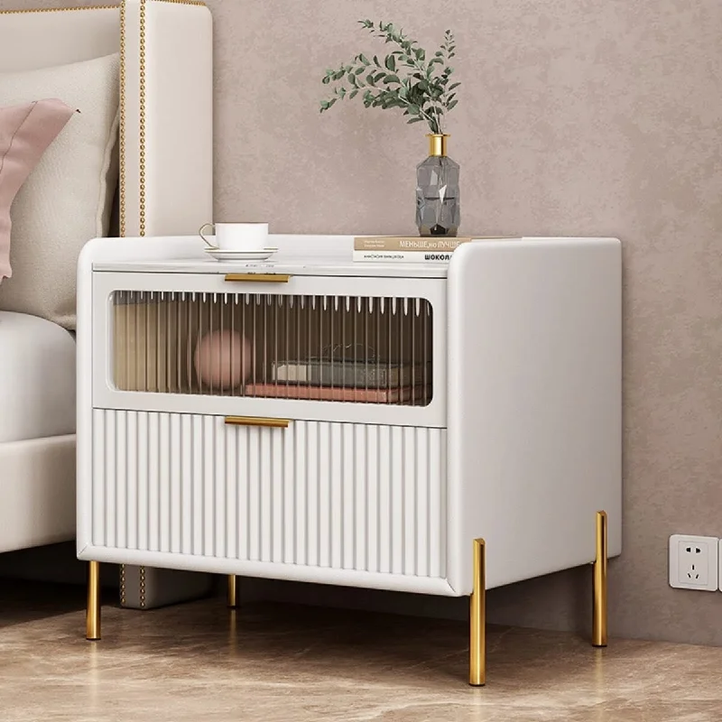 Modern Small White Nightstand with Two Drawers, PU Leather Nightstands Side Table, Bedside Table