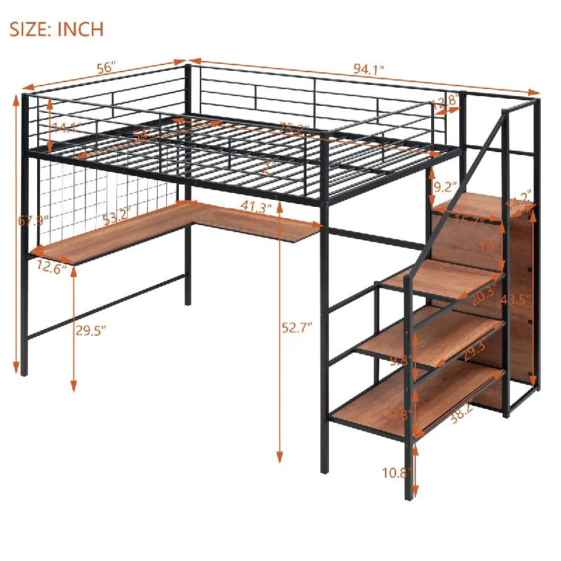 Multifunction Full Size Loft Bed w/ Desk & Lateral Storage Ladder