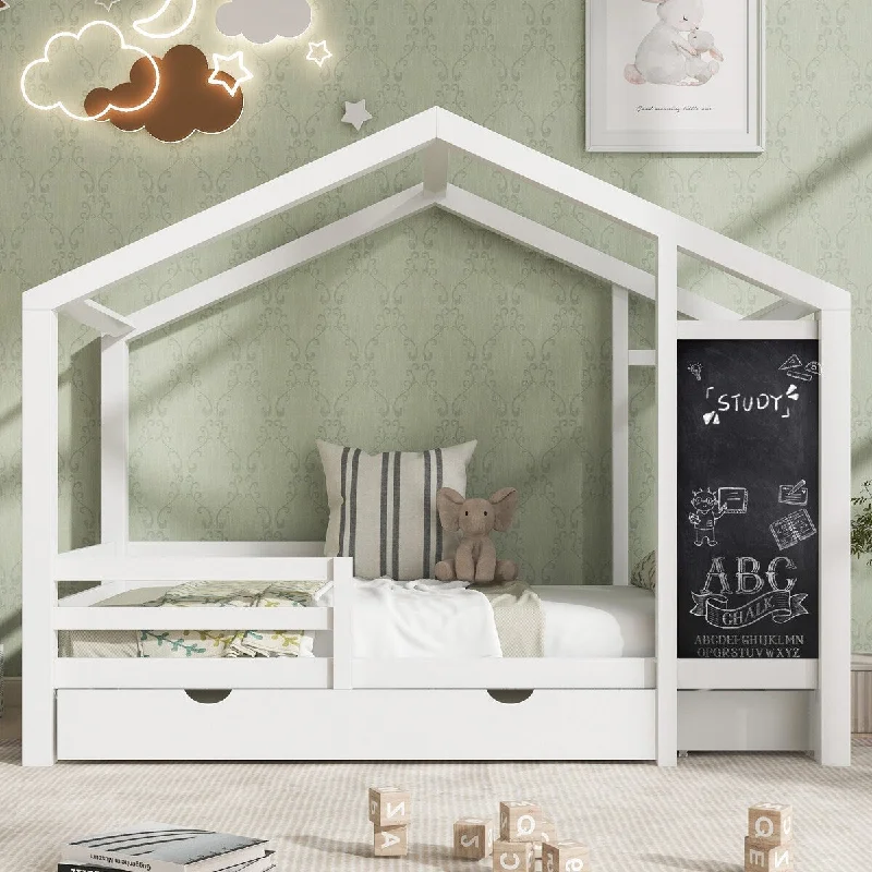 Multiple Storage Functions Full House Bed with Protective Rails Three Sides, Blackboard and Drawers, Two assembly options