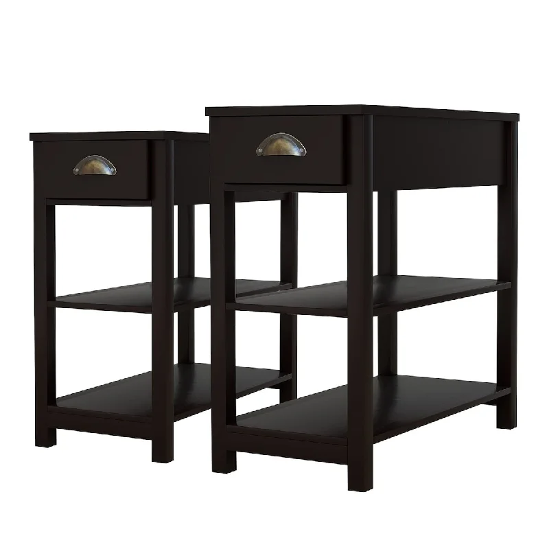 Narrow End Table Set of 2 with Storage Shelves, Flip Top Sofa Side Table, Bedside Nightstand, Slim Side Table for Small Space