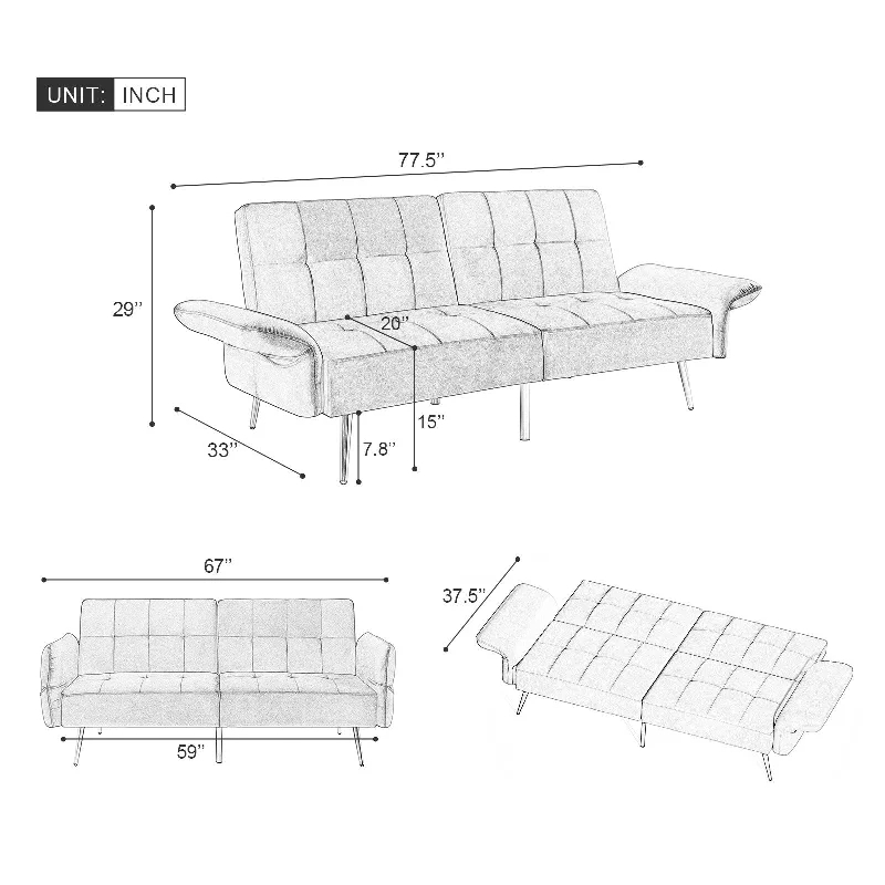 Navy 78" Convertible Sleeper Loveseat Sofa Bed with Adjustable Armrests and Backrest