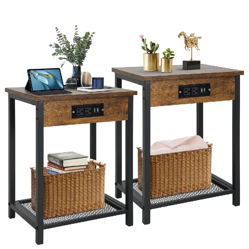 Nightstand, Bedside Furniture, Night Stand, End Table with Charging Station Set of 2 Side End Table with 2 USB Ports