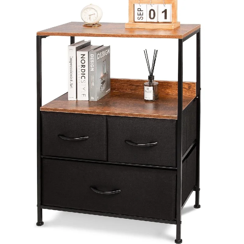 Nightstand, Bedside Table with 3 Fabric Drawer, Storage Shelf, 2 Wooden Top, Night Stands Dresser for Bedroom, Hallway