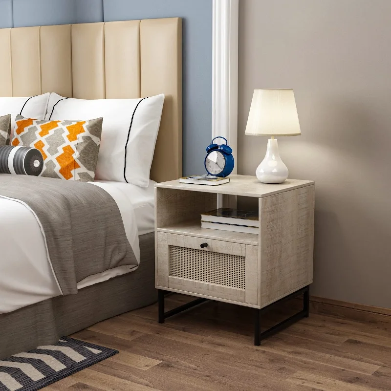 Nightstand, Modern Bedside Table with Rattan Cabinet Door and 1 Storage Space Nightstand for Bedroom