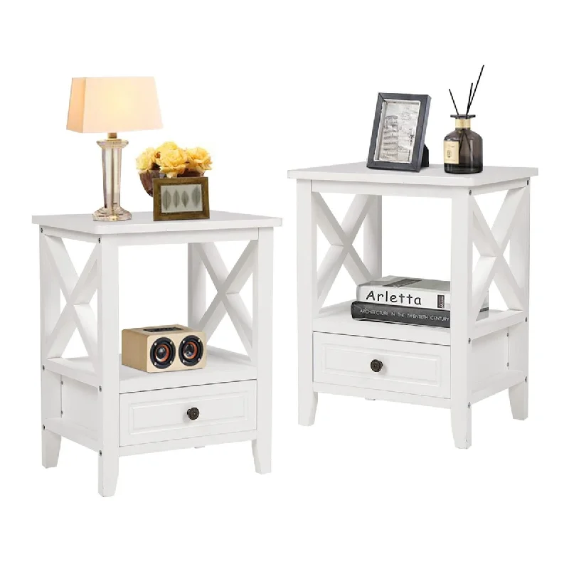 Nightstand Set of 2, White Side End Table with X-Shaped Side Shelf, Small Bedside Tables with Drawer & Storage Shelf,