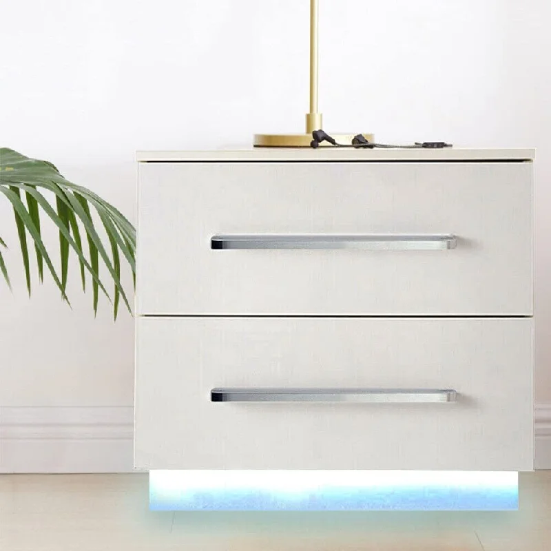 Nightstand, White High Gloss LED Nightstand,RGB Modern 2 Drawer Night Stand Storage Shelf Bedside