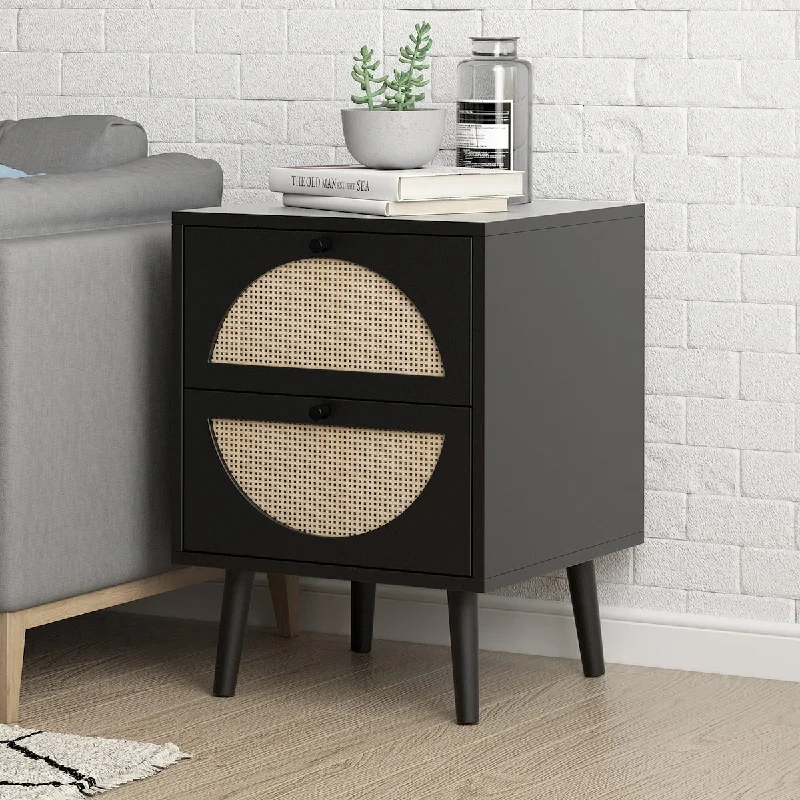 Nightstand with 2 Rattan Storage Drawers, End Table Side Table Wooden Coffee Table Accent Home Decor for Living Room, Bedroom