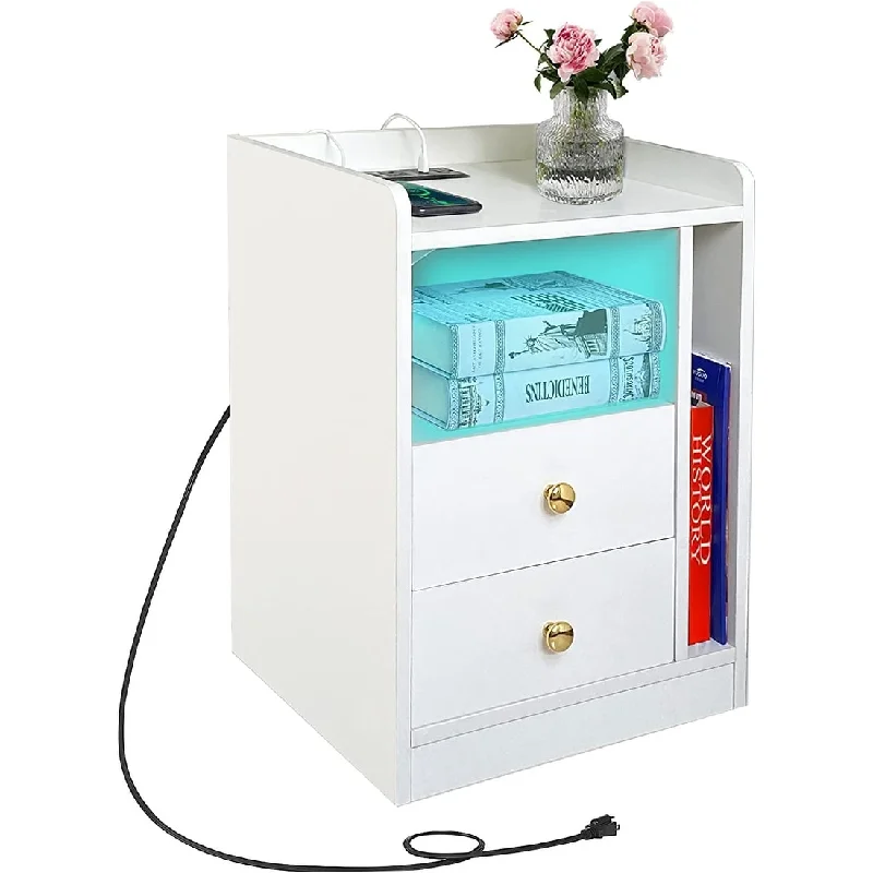 Nightstand with Charging Station and LED Lights, Modern Bedside Table with 2 Drawers, End Table Open Shelf,