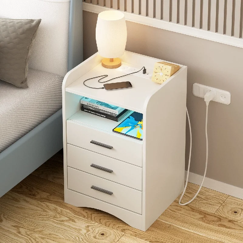 Nightstand with Charging Station & LED Lights, White Nightstand with 3 Drawers and 2 Open Shelves, Bed Side Table Night Stand