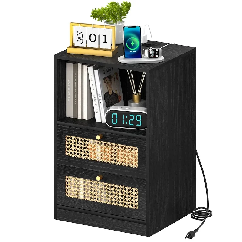 Nightstand with Charging Station Rattan Black Night Stand with Drawers and Storage Shelf, Bedside Tables with USB Ports