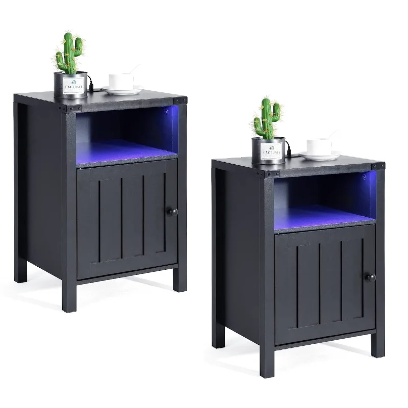 Nightstand with LED Strip Lights and Charging Station, 2 USB Ports, 2 Outlets, Barn Door Cabinet End Table, Bed Side Table