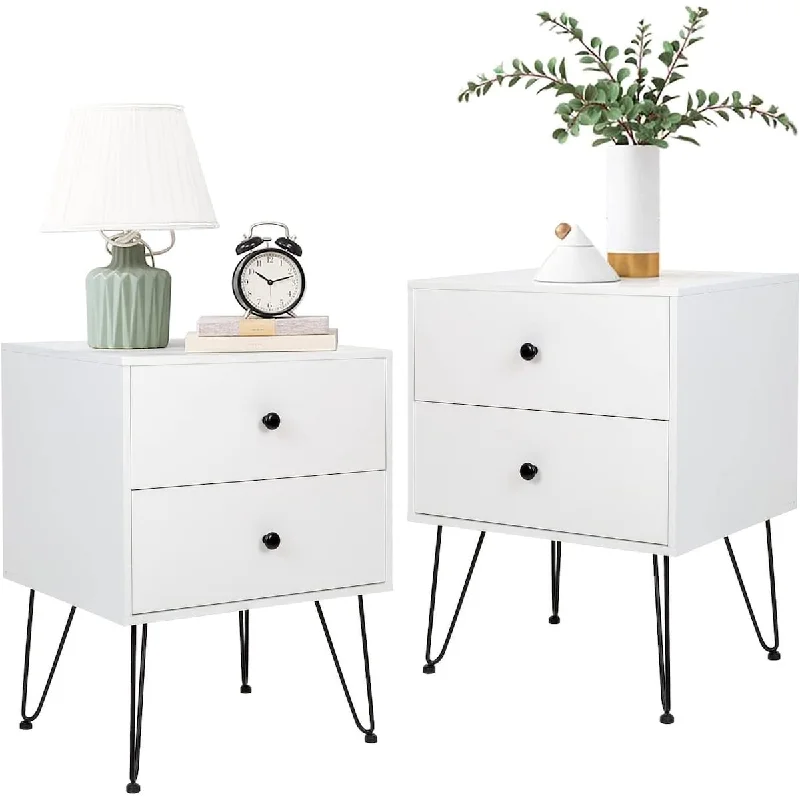 Nightstands Set of 2 White Bedside Table Large Sofa End Tables with Wide Top 2 Storage Drawers Metal Legs