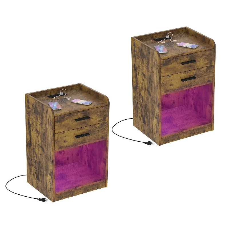 Nightstands Set of 2 with Charging Station and LED Lights, End Side Table with 2 Drawers and Cabinet, Rustic Bedside Table