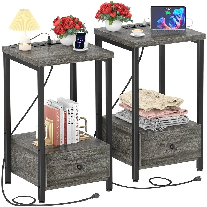 Nightstands Set of 2 with Charging Station, Modern Night Stand Bedside Table with Storage Drawer and Shelf, End Side Table