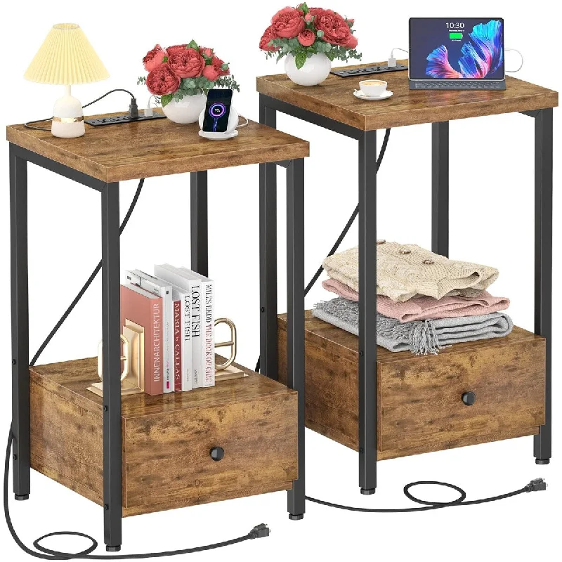 Nightstands Set of 2 with Charging Station, Modern Night Stand Bedside Table with Storage Drawer and Shelf, End Side Table