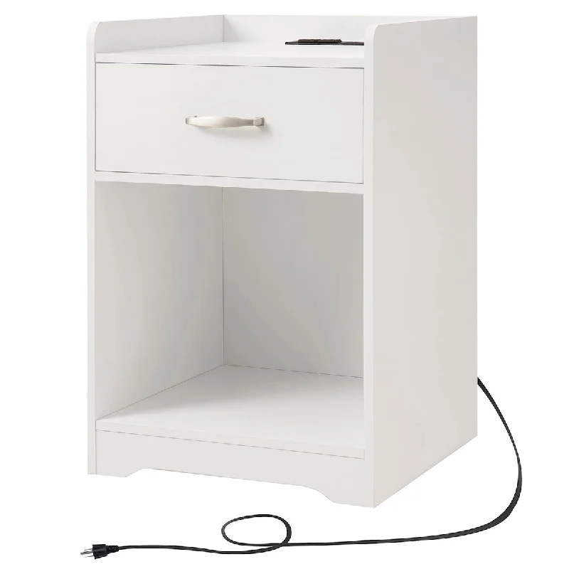 Nightstands, White Nightstand with Charging Station,Bedside Tables, End Table with Drawer, Open Space,Metal Handles,