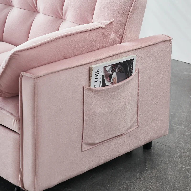 Pink 54.3" Velvet Loveseat Pull-Out Sofa Bed with Adjustable Backrest