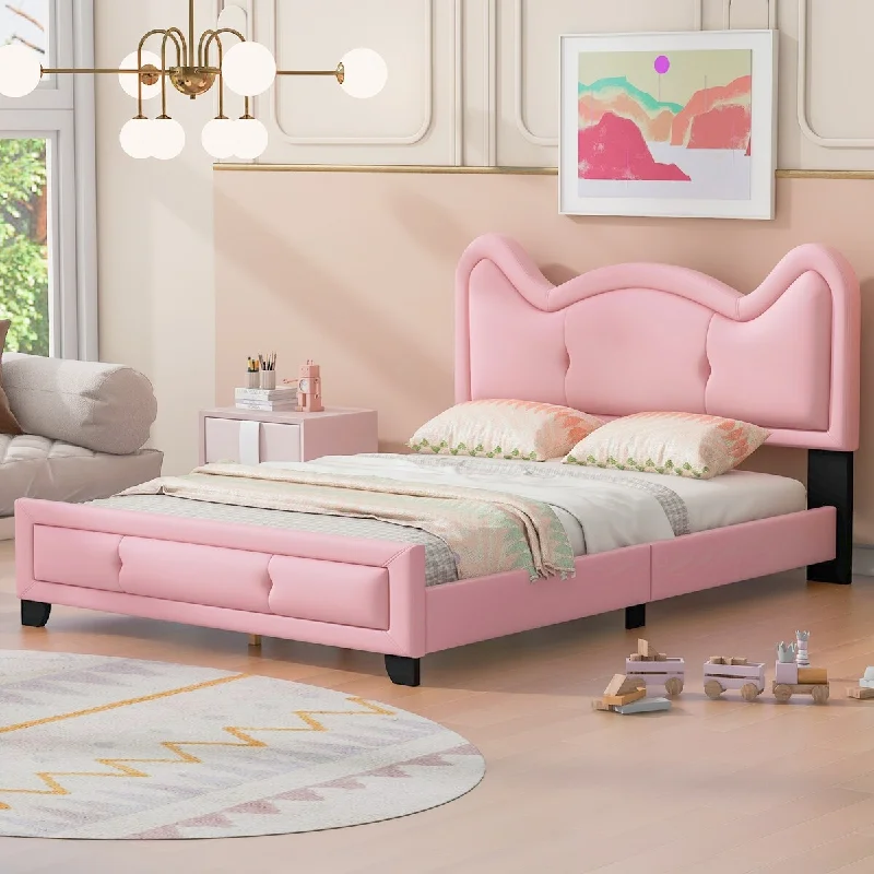 Pink Full Size Kids Daybed Upholstered Bed with Carton Ears Shaped Headboard, Wooden Cute Platform Frame, Faux Leather Sofa Bed