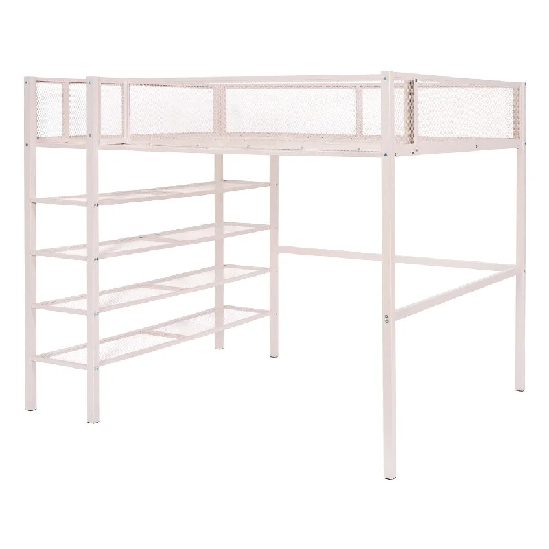 Pink Full Size Metal Loft Platform Bed with Storage Shelves for Dorm