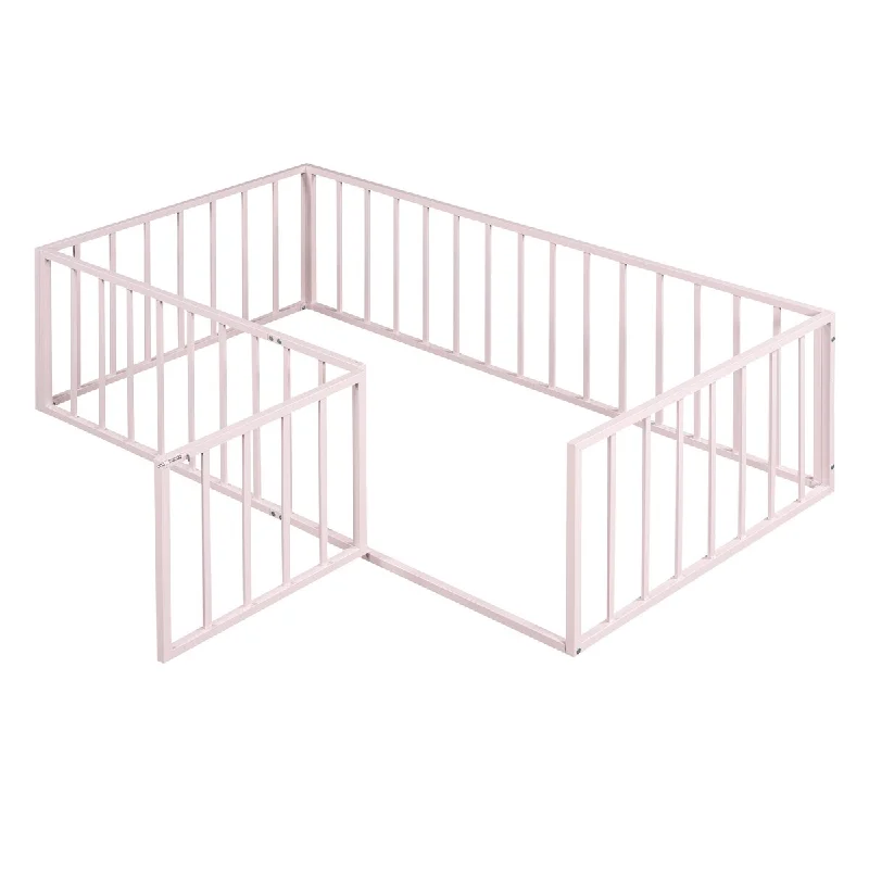 Pink Twin Size Floor Bed for Children, Metal Montessori Bed Frame with Fence & Door, Montessori Platform Bed for Girls and Boys