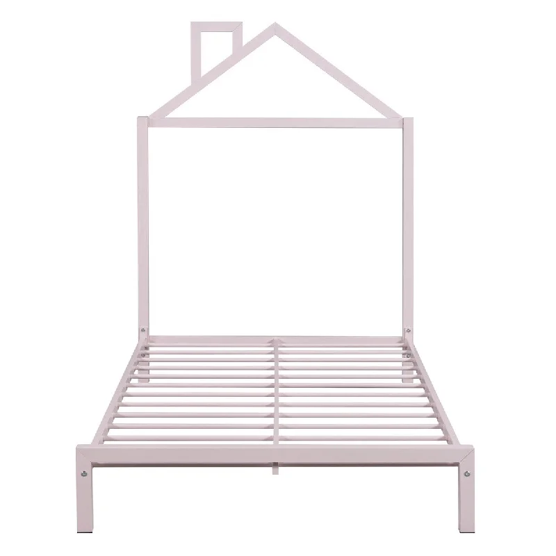 Pink Twin Size Metal Platform Bed Frame w/ Roof & Chimney Design, No Box Spring Needed Under Bed Storage Steel Slats, No-Noise