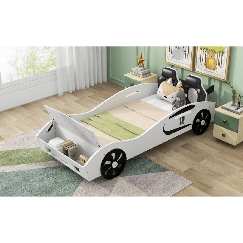 Race Car Shaped Platform Bed w/ Wheels Kids end of bed Storage