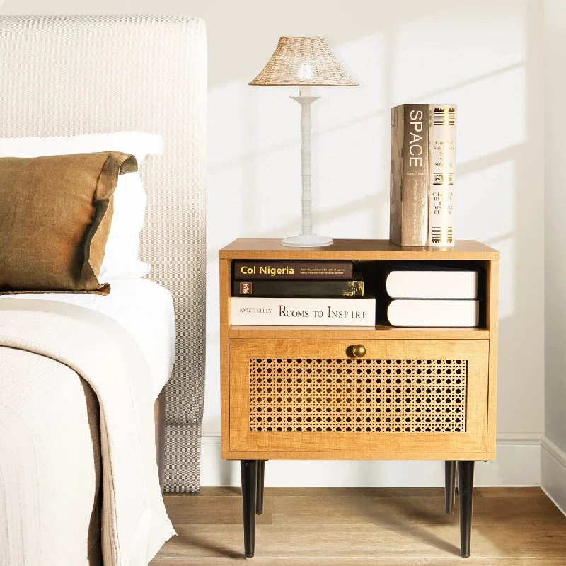 Rattan Nightstand with Drawer and Storage, Wood Bedside Tables, Farmhouse Rustic Nightstands for Bedrooms and Small Spaces,