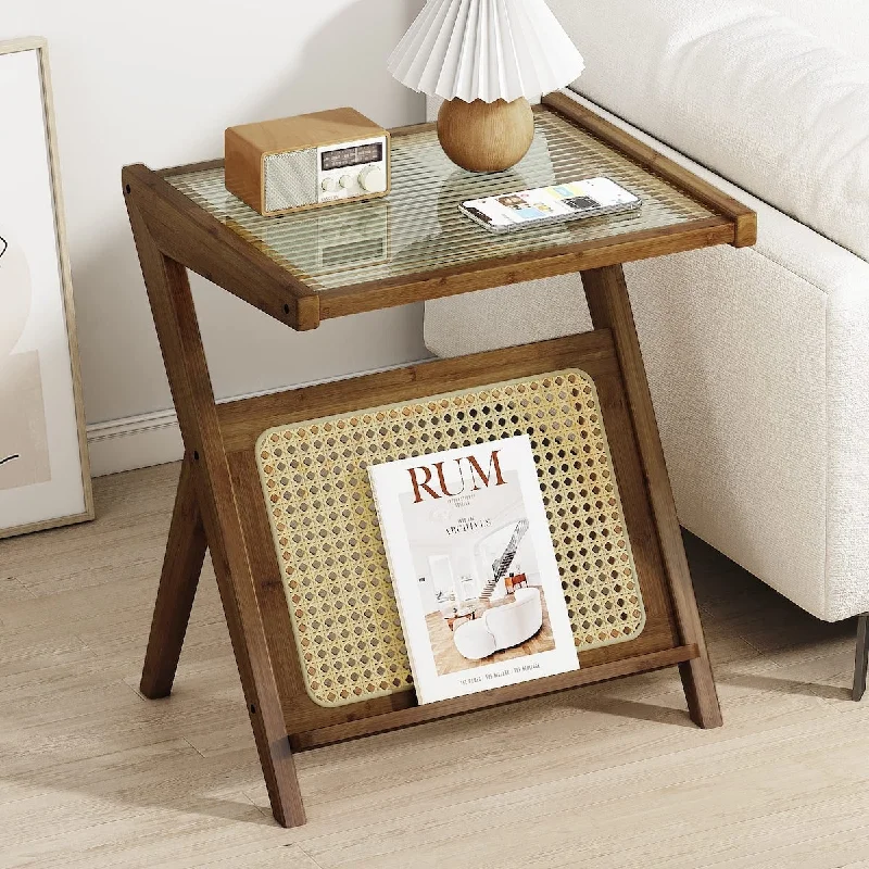 Rattan Side Table Boho Night Stand Glass Bedside Table Small End Tables Bamboo Side Tables Bedroom Coffee Table