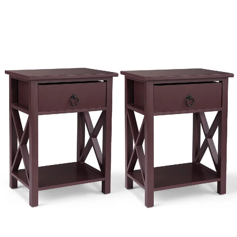 Set of 2 Brown Wooden Nightstands - X-Shaped Sofa Side Tables with Drawers - Modern Bedroom and Living Room