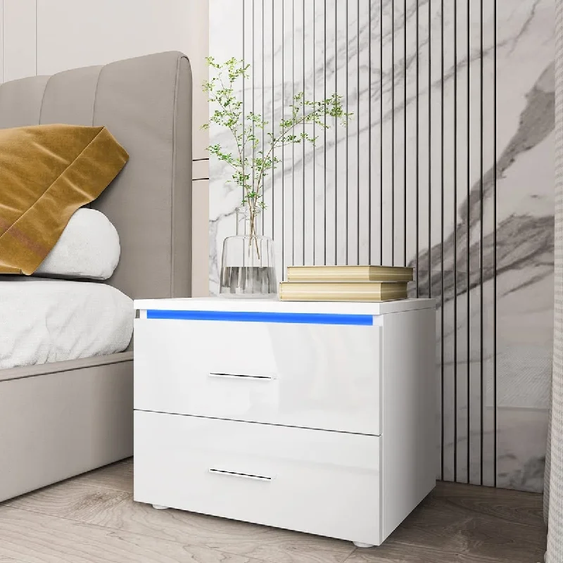 Small LED Nightstand White Modern Nightstand with led Light Matte LED Night Stand Bedside Table with 2 High Gloss Drawers