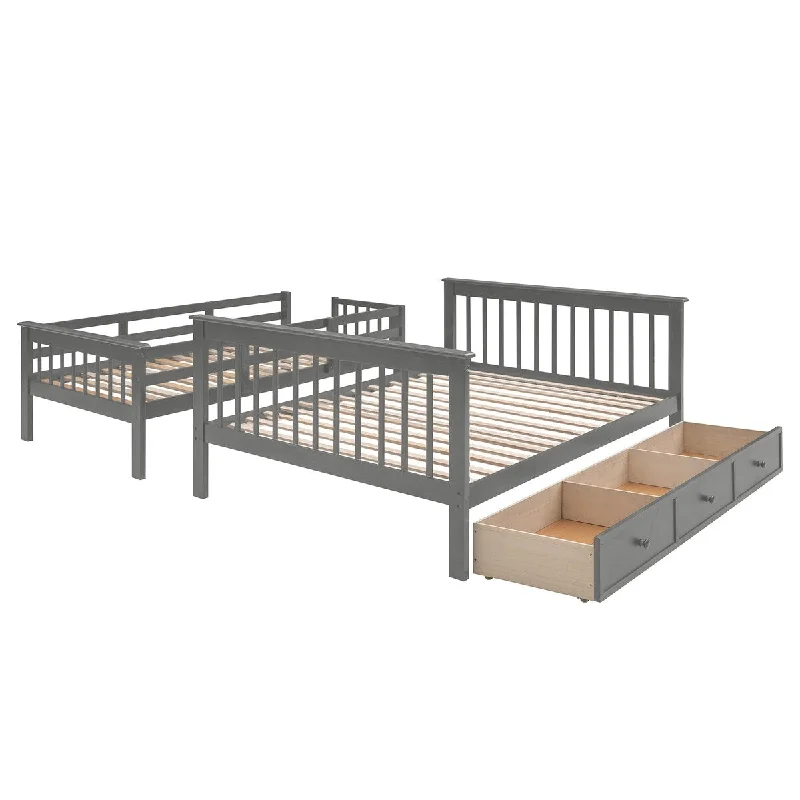 Stairway Twin-Over-Full Bunk Storage Bed w/ Drawer, Guard Rail, Gray