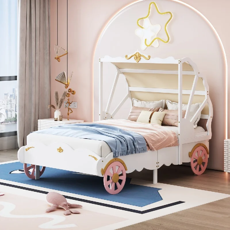 Sweet Horse-Drawn Carriage Styling Car Bed, Twin Size Canopy Princess Carriage Bed, 3D Golden Carving Pattern and Wheels Decor