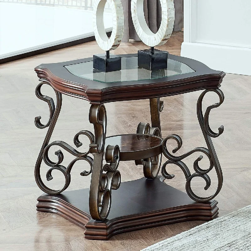 Traditional End Table Bedside Table Nightstand with Tempered Glass Top and Middle Shelf, 3-Tier Wood Accent Side Table