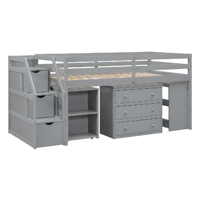 Twin Gray Loft Storage Bed with Retractable Writing Desk and 3 Drawers