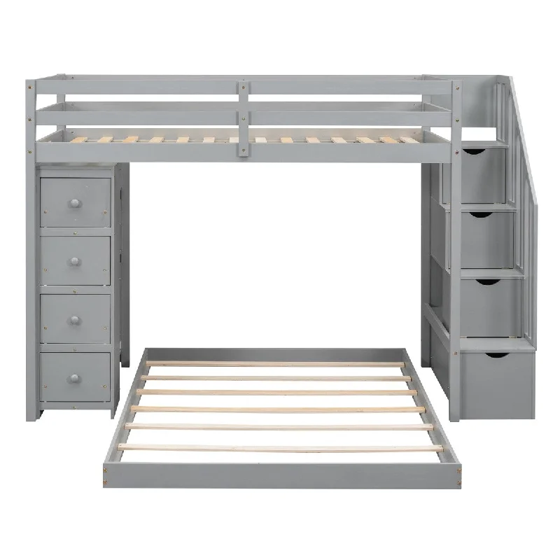 Twin Over Full Bunk Bed w/ Shelves, Drawers & Storage Stairs, Emerald