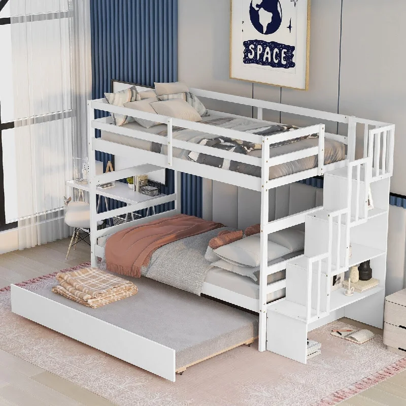 Twin Over Twin Bunk Bed w/ Trundle, Storage Staircase & Drawers, White