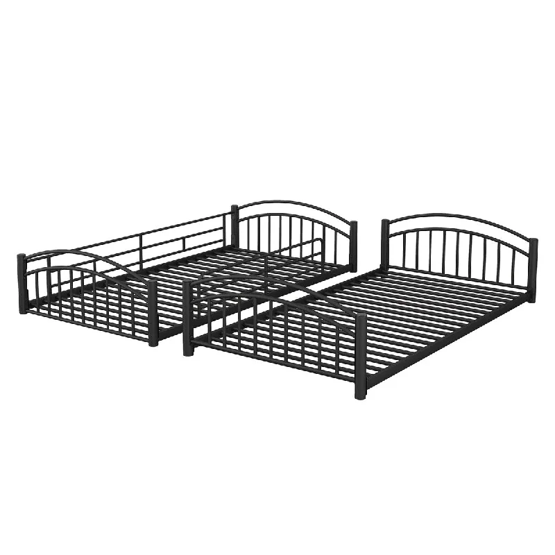 Twin Over Twin Bunk Beds, Floor Bunk Beds with Roof and Guardrails