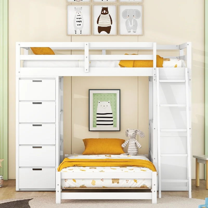 Twin over Twin Bunk Storage Bed with 8 Drawers, Shelves and Desk, Bunk Bed Frame with LED Light and USB Poarts, White