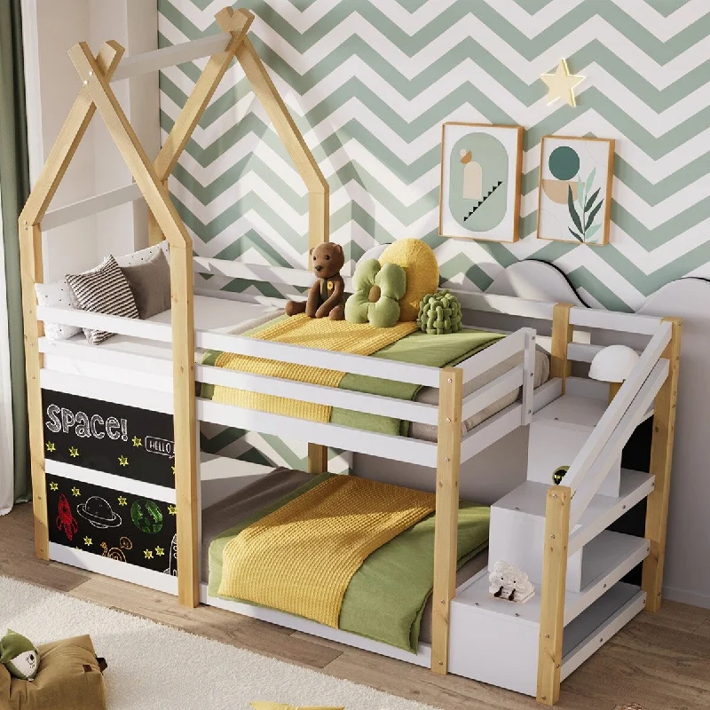 Twin over Twin House Bunk Bed with White Storage Staircase and 2 Blackboards for Kids Teens, No Box Spring Needed