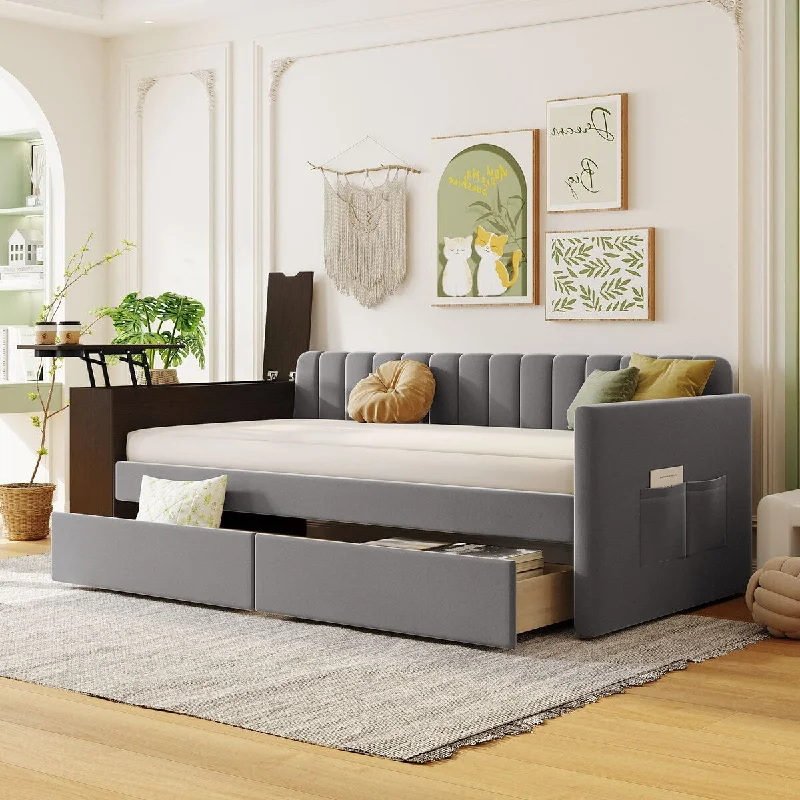 Twin Size Daybed with Cup Holder and a set of USB Ports and Sockets, Upholstered Sofa Bed with Storage Armrest and 2 Drawers