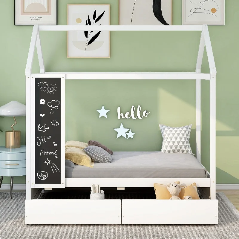 Twin Size House Bed with 2 Drawers and Blackboard, Kids Montessori Bed Wood Playhouse Tent Bed Frame, No Box Spring Needed