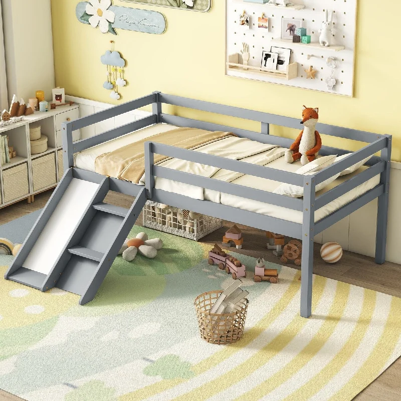 Twin Size Low Loft Platform Bed wSlide and Ladder & Safety Guardrails